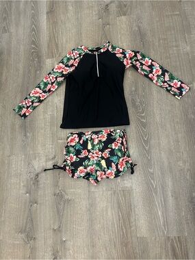 Unlisted Black Rash Guard Swim Set with Pink and Green Hibiscus
